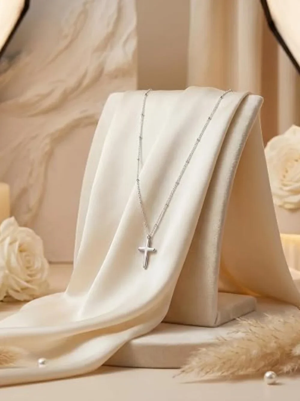 925 Sterling Silver & 18K Gold Cross Necklace, 1.5mm Bead Chain 18.0 Inches